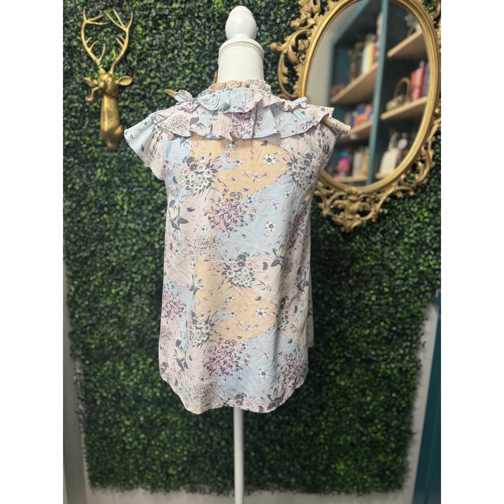 Doe & Rae Floral Patchwork Ruffle Flutter Sleeve Blouse S Blue Pink Excellent - Picture 6 of 8